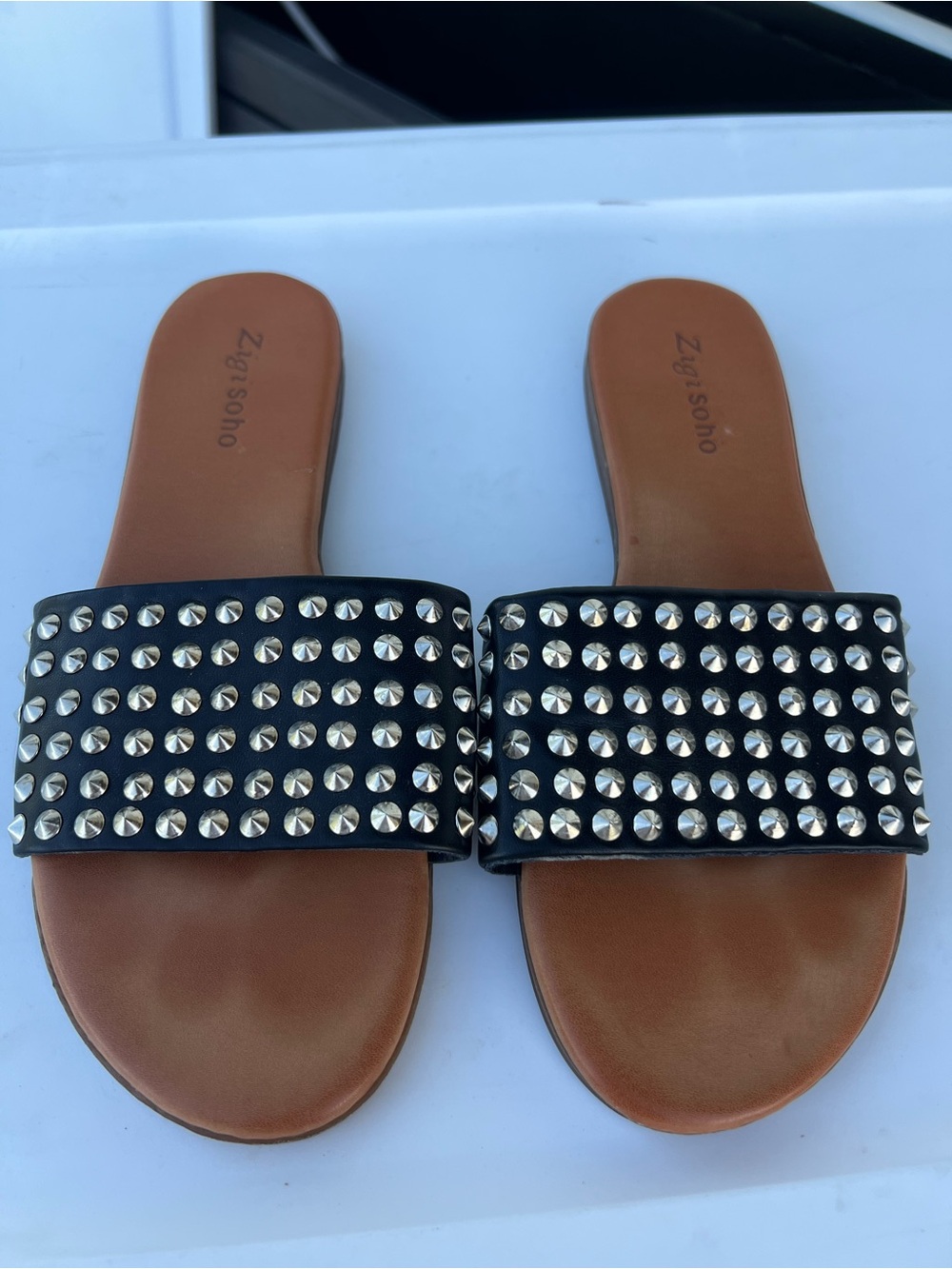 Zigi Soho Black Studded Slide Sandals with Brown Footbed